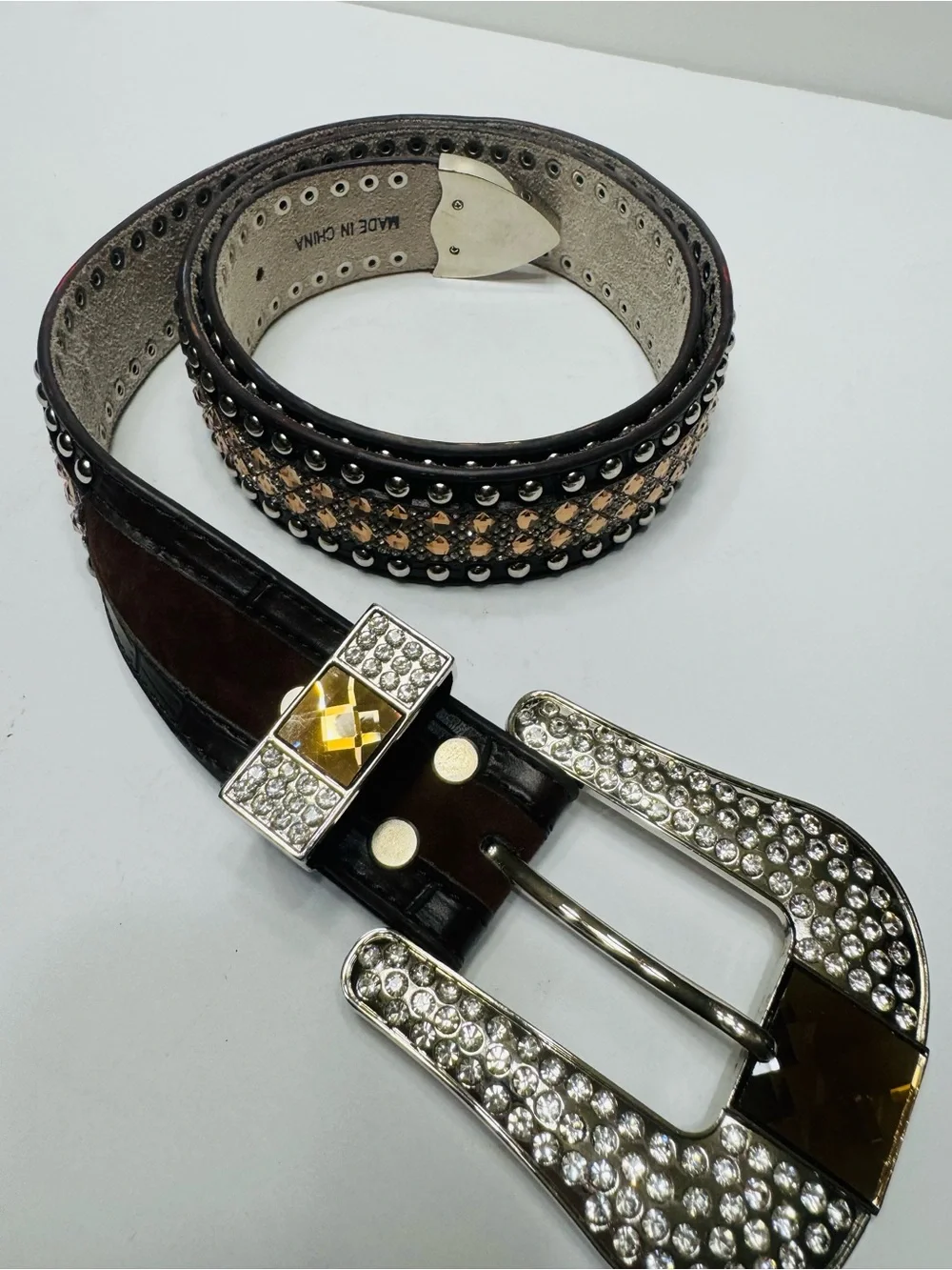 Super Bling Rhinestone Brow Leather Belt XL